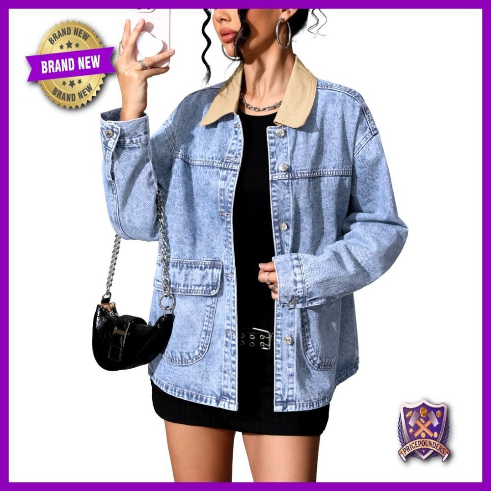 Oversized Denim Jacket Boyfriend Fit Contrast Collar Button Down Street Style